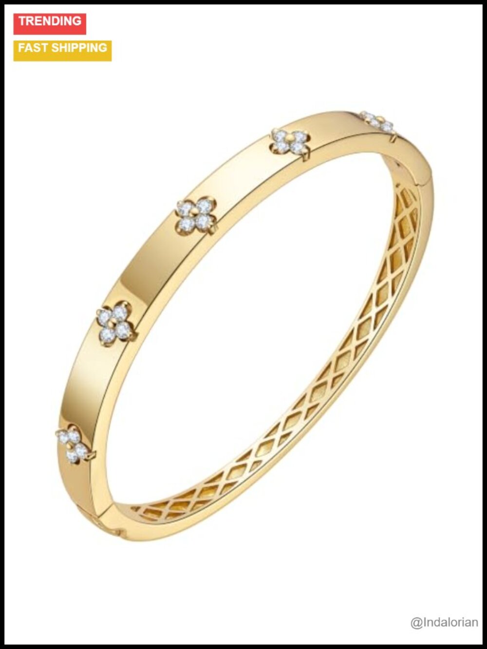 14K Yellow Gold Plated Cuff Bracelet Women Clover Moissanite, Bangle Hinge Clasp